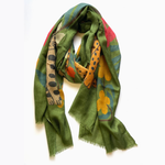 Wool Silk Scarf in Green Animal