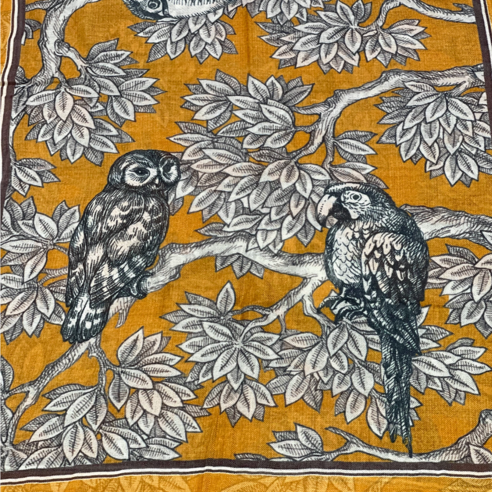 Wool Silk Scarf in Mustard Bird