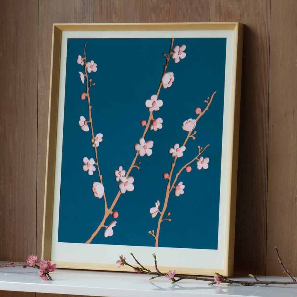 Teal Cherry Blossom Framed Print